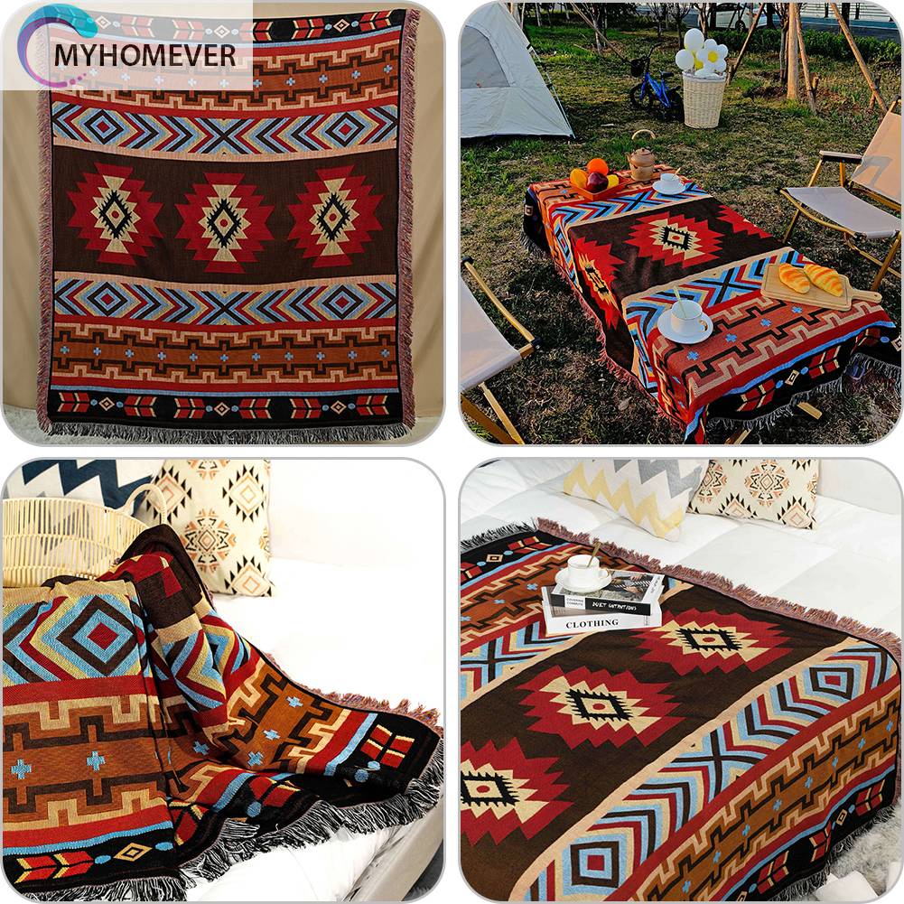 Thảm Cotton Dệt Kim Họa Tiết Thổ Cẩm Phối Tua Rua Có Thể Gấp Gọn Tiện Dụng Mang