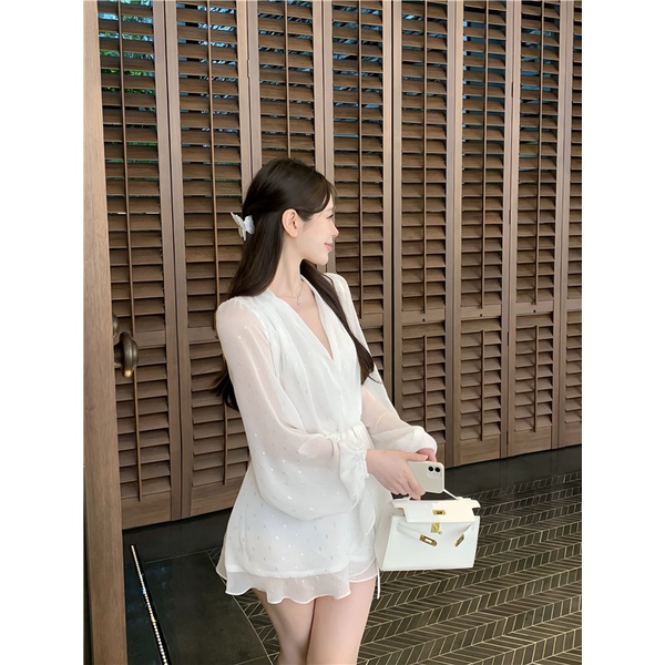 Đầm chiffon Tay Dài Màu Trắng Phối Bèo Xinh Xắn Thời Trang Dành Cho Nữ