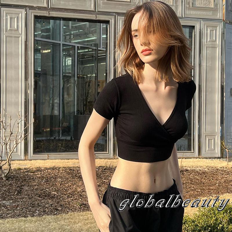 Áo Thun Crop Top Tay Ngắn Cổ Chữ V Màu Trơn Thời Trang Xuân Hè Dành Cho Nữ