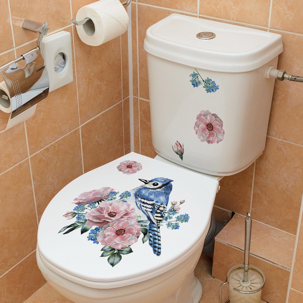 Miếng Dán Trang Trí Toilet Bằng PVC Chống Thấm Nước Họa Tiết Hoa Và Chim Vẽ Tay