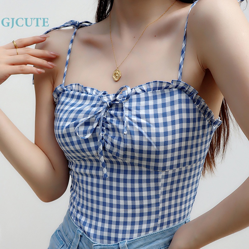 Áo Hai Dây Mỏng Mùa Hè Buộc Dây Họa Tiết Kẻ Sọc Cổ Điển Pháp Cho Nữ