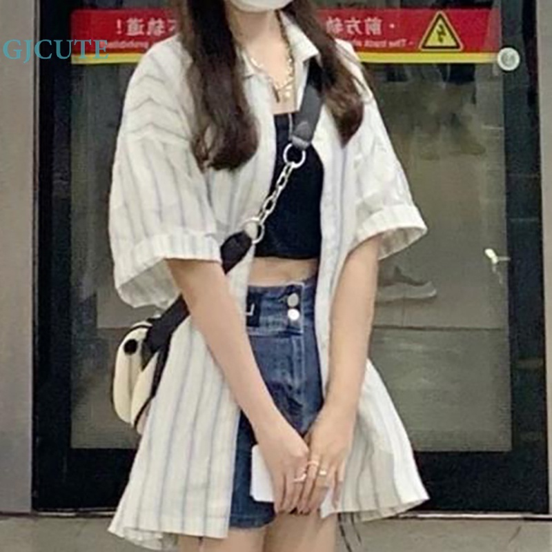 Áo Sơ Mi Mỏng Tay Ngắn Dáng Rộng Thoáng Khí In Họa Tiết Kẻ Sọc Kiểu Retro Xinh Xắn Cho Nữ