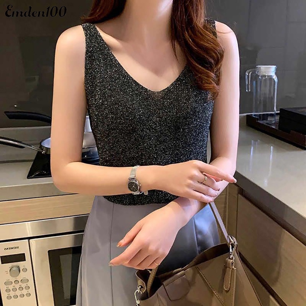 [EMDEN] Áo Tank Top Dệt Kim Cổ Chữ V Ôm Dáng Màu Trơn Gợi Cảm Mùa Hè Cho Nữ