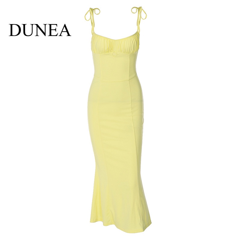 DUNEA Đầm Midi Cổ Khoét Sâu Phối Dây Thắt Phong Cách Ngọt Ngào Cho Nữ