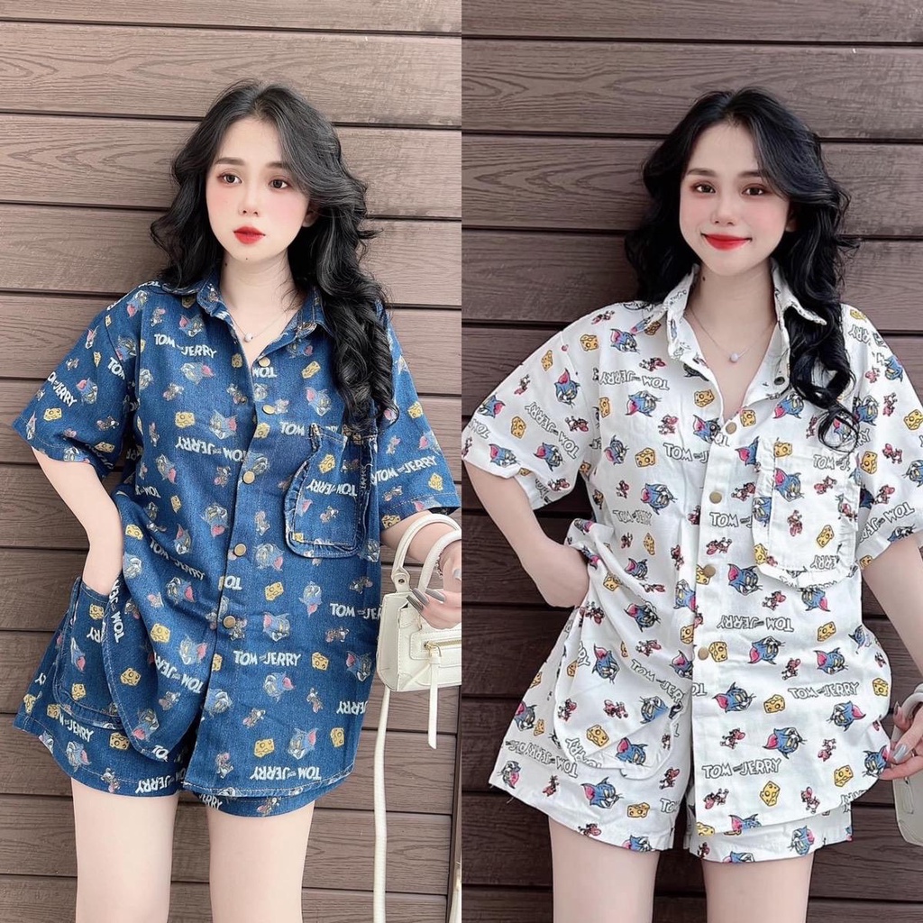 Set jean kaki tom and jerry áo sơ mi tay ngắn quần jean kaki mẫu mới ( SJ001TAJ ) Lucie16 - Cái Tiệm Đồ Bộ