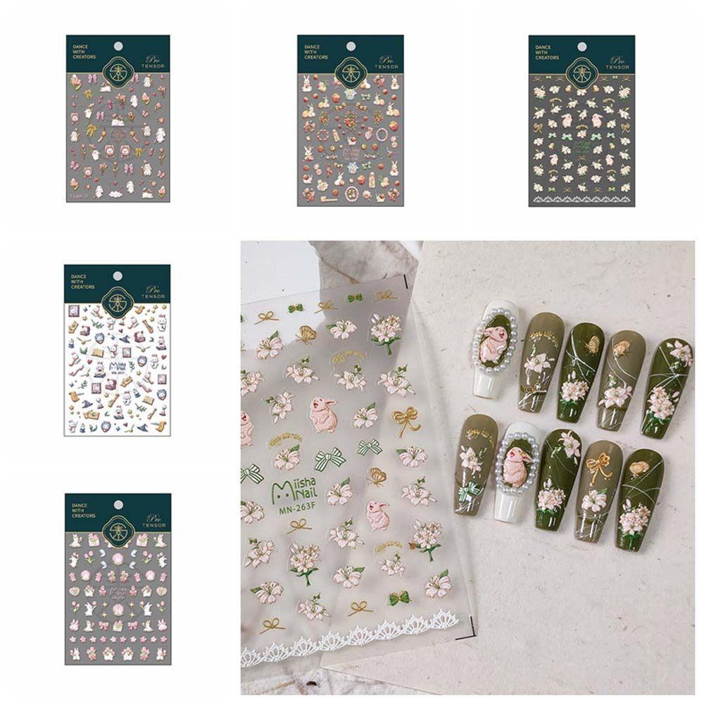 LOMBARD Miếng Dán Trang Trí Móng Tay Họa Tiết Thỏ Hoạt Hình / Hoa Dập Nổi Đáng Yêu Dành Cho Salon