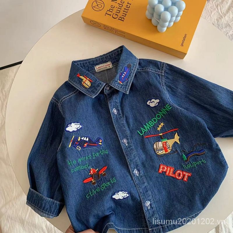 Áo Sơ Mi Denim Thêu Họa Tiết Dễ Thương Phong Cách Nhật Bản Thời Trang Xuân Hè Cho Bé Trai