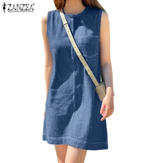 Đầm denim ZANZEA không tay cổ tròn thời trang nữ Hàn Quốc