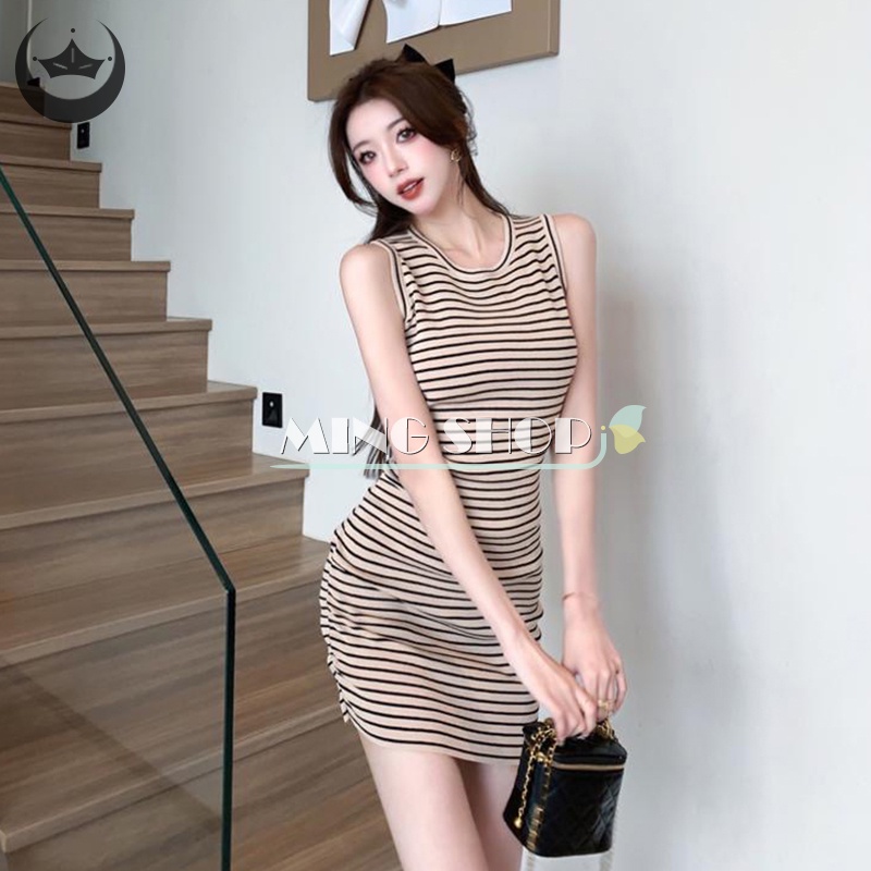 Đầm Ngắn Tay Họa Tiết Kẻ Sọc Đơn Giản Mẫu Mới 2023 Thời Trang Mùa Hè Cho Nữ