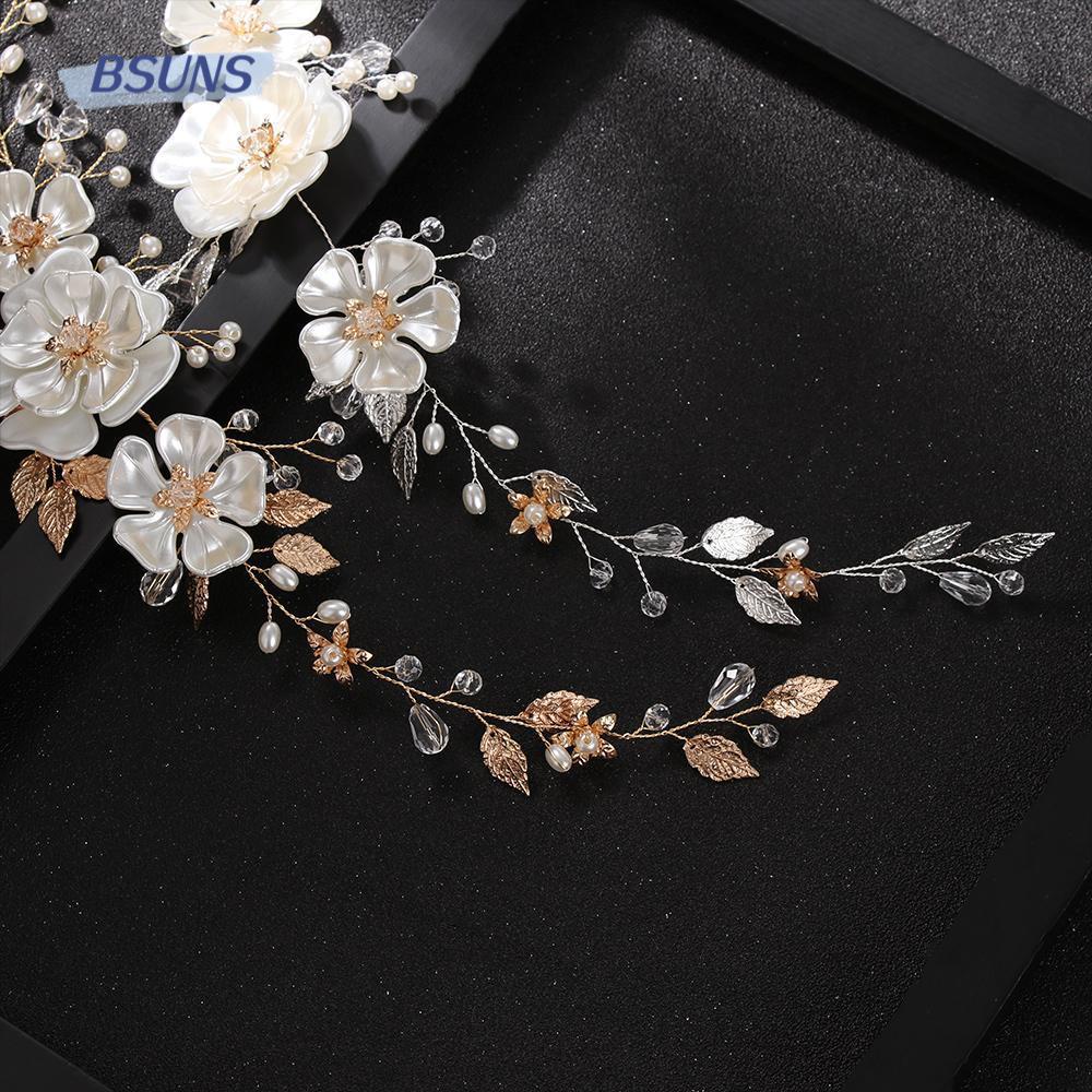 BSUNS Băng Đô Cài Tóc Handmade Hình Lá Trắng Đính Hạt Giả Ngọc Trai