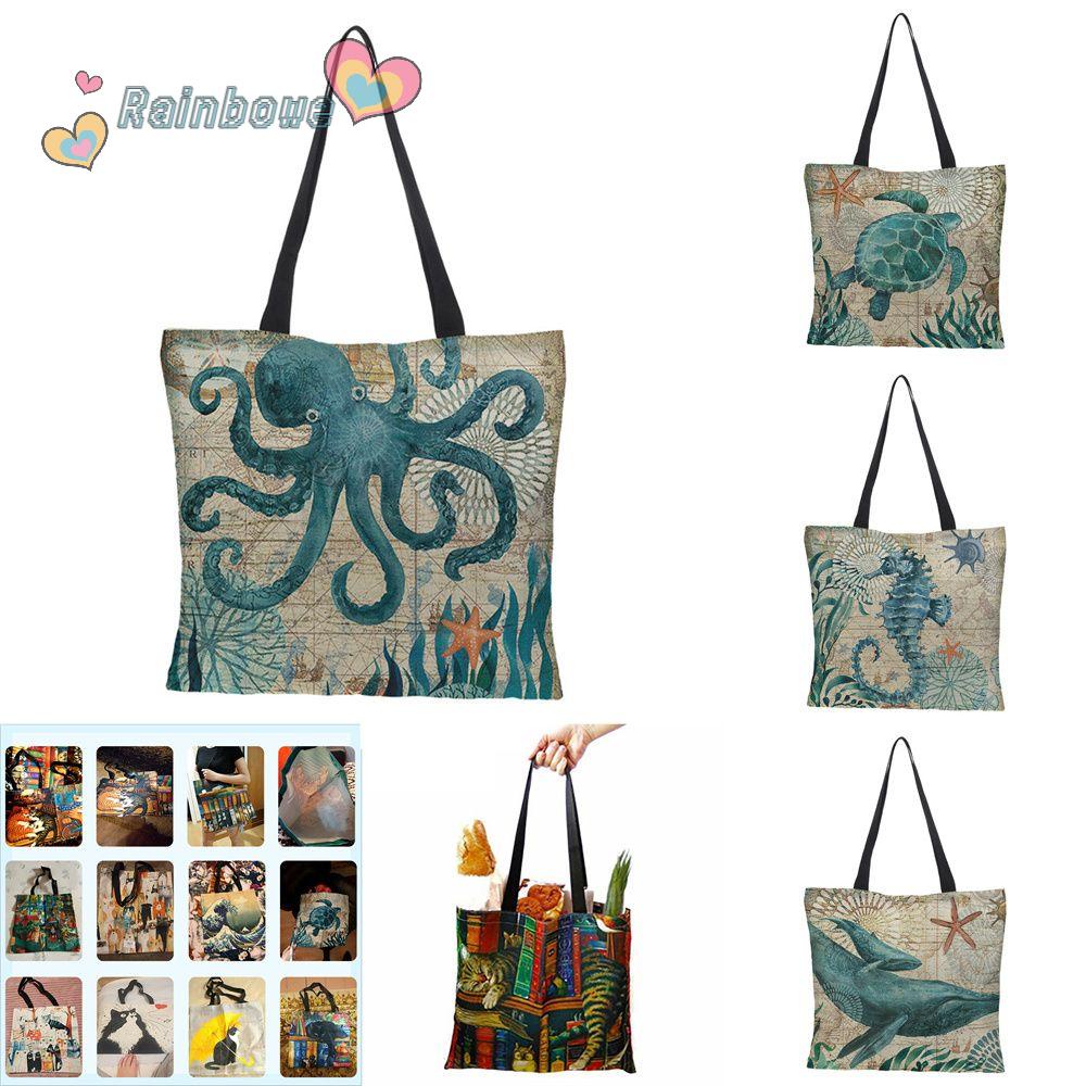 RAINBOW Túi Tote Đeo Vai In Hình Bạch Tuộc Có Thể Tái Sử Dụng