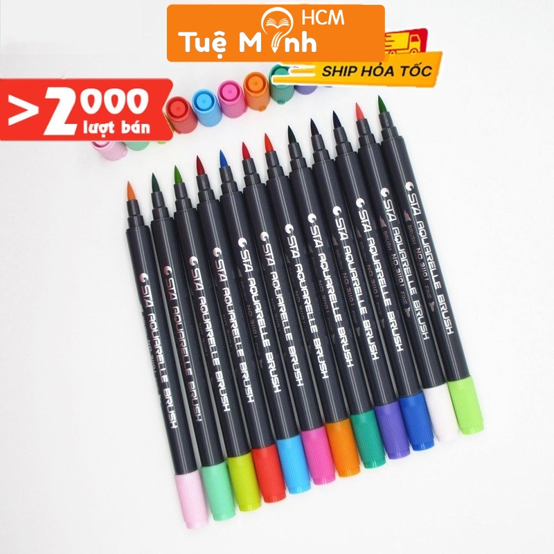 Bút brush 2 đầu nhiều màu: 1 đầu lông mềm + 1 đầu bút dạ fine cứng B01 bút viết calligraphy, tiêu đề