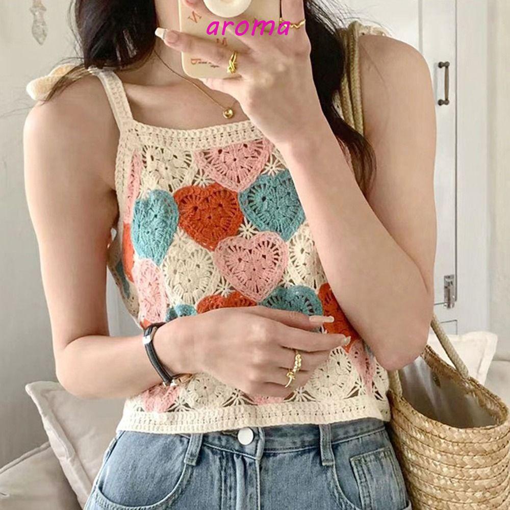 AROMA Áo Hai Dây Dệt Kim Họa Tiết Hoa Trái Tim Khoét Vai Thời Trang Mùa Hè Cho Nữ