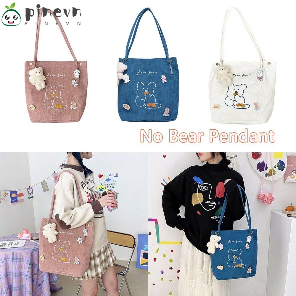 PINEVN Túi Xách Đeo Vai Vải Nhung Mềm Thêu Hình Gấu Thời Trang Cao Cấp