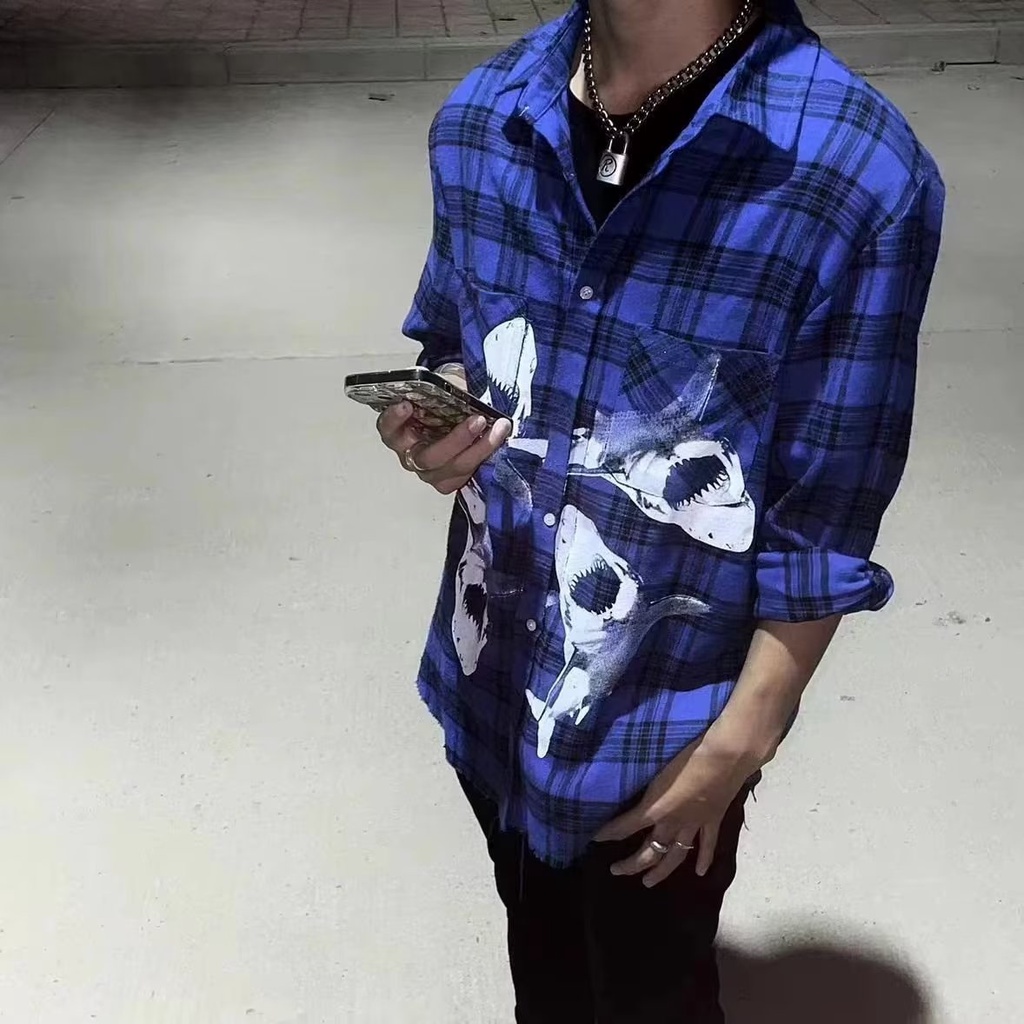 Áo Khoác Sơ Mi Dáng Rộng Họa Tiết Cá Mập Xanh Dương Phong Cách Retro Đường Phố Hàn Quốc Thời Trang Mùa Hè Dành Cho