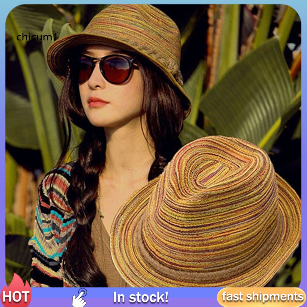 Mũ Cói Rộng Vành Kẻ Sọc Phong Cách Bohemian Cho Nữ