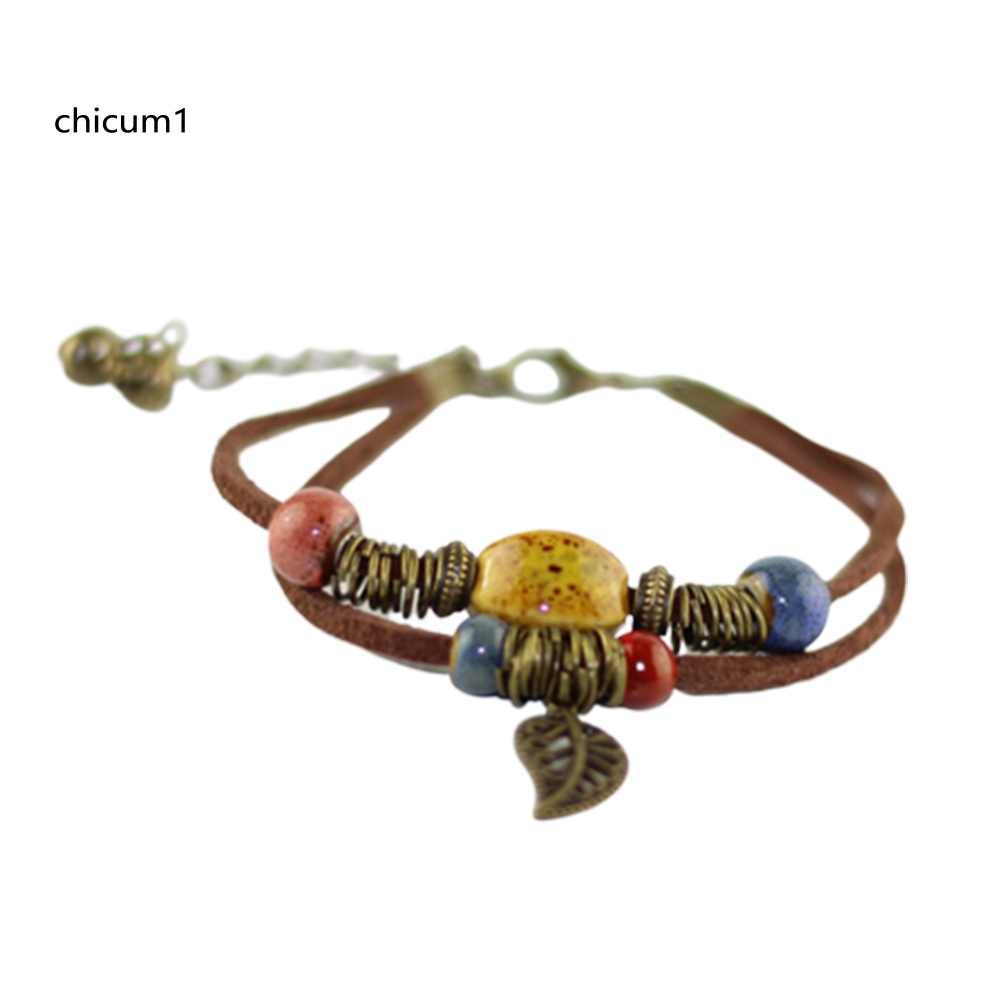 Vòng Tay Da Hai Lớp Đính Hạt Gốm Và Lá Phong Cách Bohemian