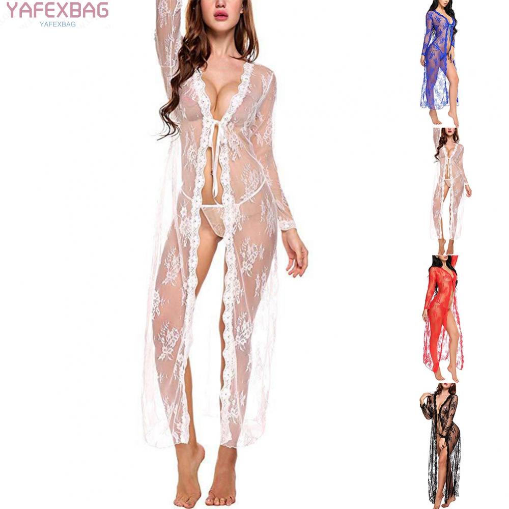 Women Sexy Lingerie Long Lace Dress Sheer See Through Kimono Robe Nightgown