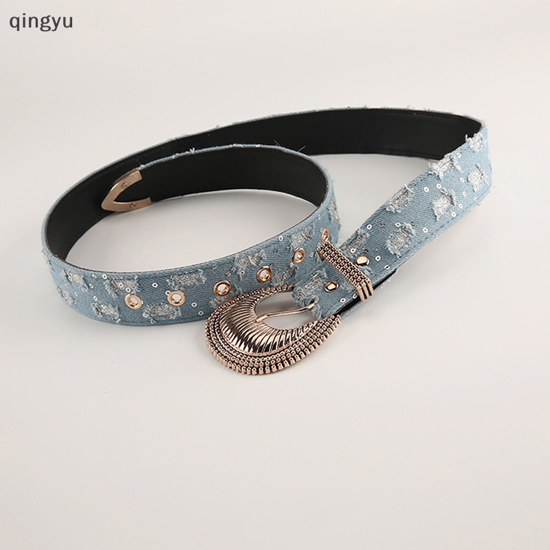 Thắt Lưng Denim Khóa Hợp Kim Khắc Họa Tiết Phong Cách Punk Mới Cho Nữ