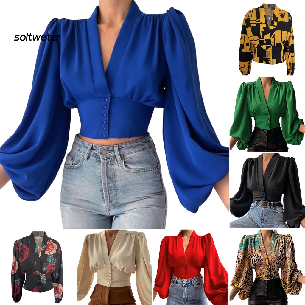 Áo Sơ Mi Croptop Tay Dài Phồng Cổ Chữ V Cài Nút In Họa Tiết Hoa Phong Cách Cổ Điển Thời Trang Cho Nữ