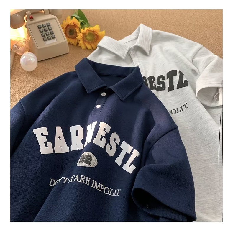 Áo Thun POLO Tay Ngắn In Chữ Đơn Giản Phong Cách Đường Phố Nhật Bản Thời Trang Mùa Hè Cho Nam