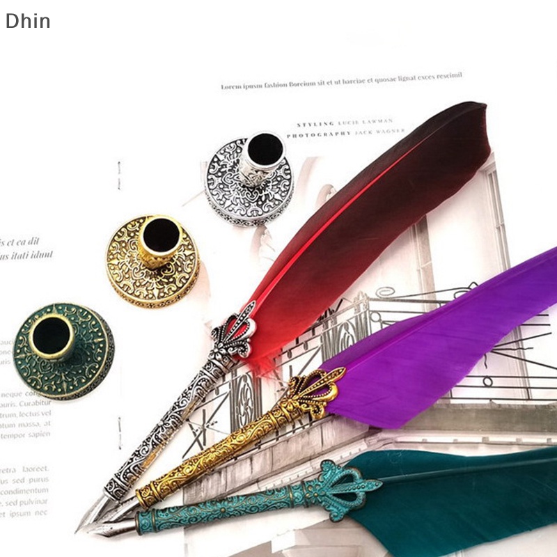 [Dhin] European Vintage Feather Pen Pen Stand Metal Round Pen Holder Pen Accessories COD