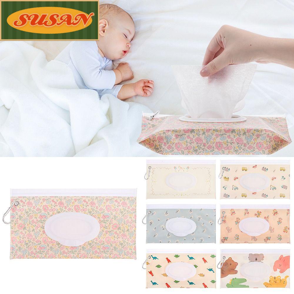 SUSANS Túi Đựng Khăn Ướt Nắp Lật Gắn Xe Đẩy Em Bé Thời Trang Dễ Thương Ốp