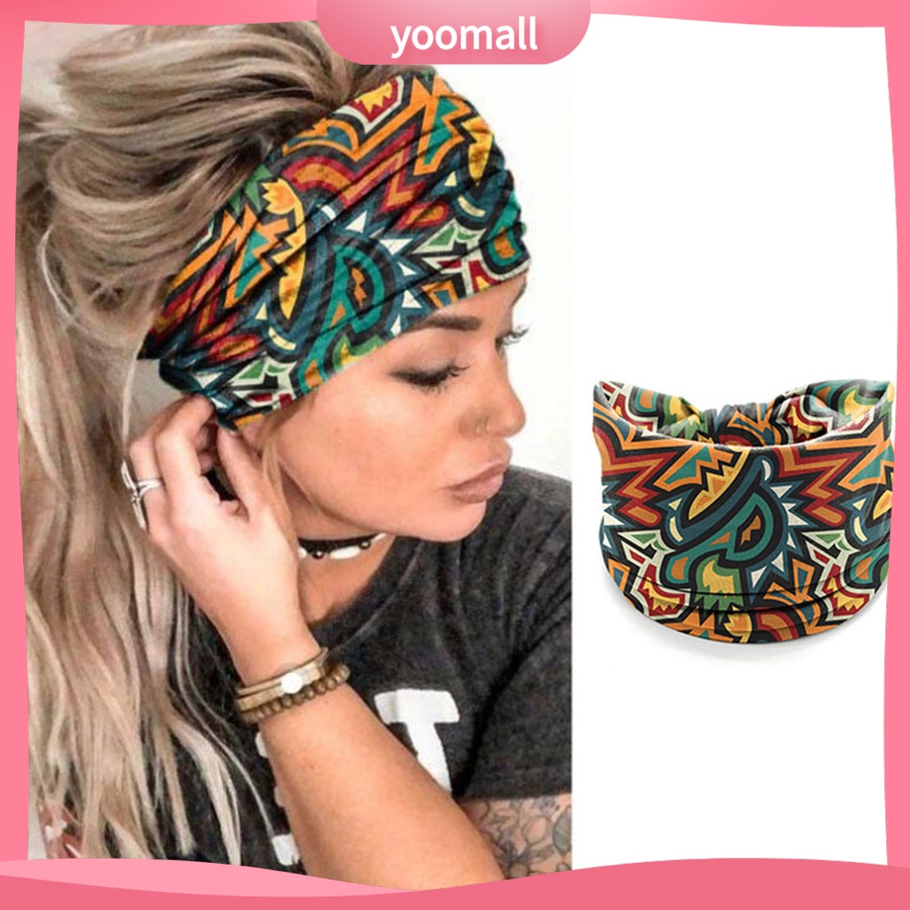 Băng Đô Thể Thao Bản Rộng Thấm Hút Mồ Hôi Nhanh Khô Co Giãn In Họa Tiết Caro Phong Cách Bohemia Cho Nữ