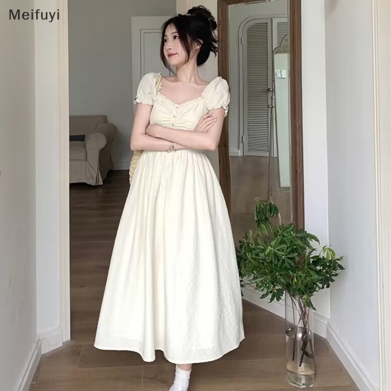 [Meifuyi] Puff Sleeve Dresses Women Midi Sweet Bodycon Summer French Style Ruffles Casual Dress COD