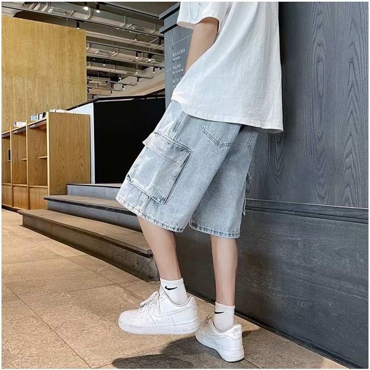 Quần Short Denim Ống Rộng Phối Nhiều Túi Phong Cách Hong Kong Thời Trang Mùa Hè Cho Nam