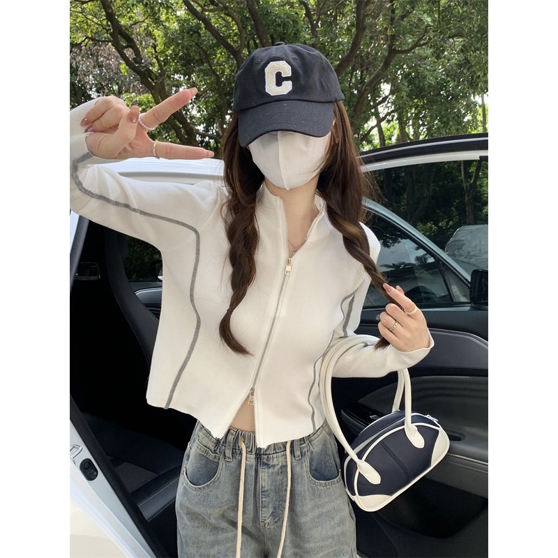 Áo Khoác Phối Khóa Kéo Đôi Màu Tương Phản Phong Cách Mỹ Cổ Điển Thời Trang Mùa Thu Cho