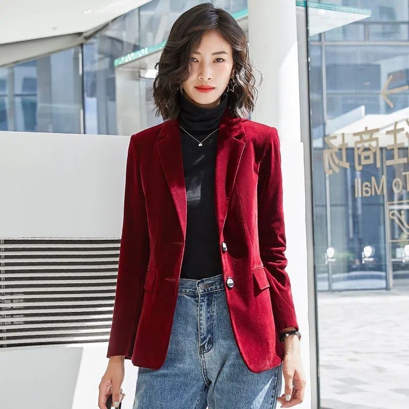 Áo Khoác Blazer Nhung Tay Dài Dáng Ôm Thời Trang Xuân Thu Dành Cho Nữ