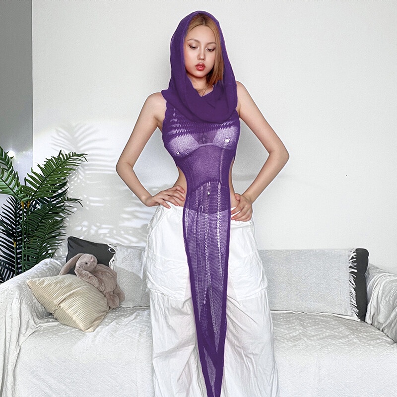 Kliou Áo Tank Top Dệt Kim Khoét Rỗng Không Tay Có Mũ Trùm Thời Trang Đường Phố Đi Tiệc Hoang Dã Hàng Mới 2023 Y2K