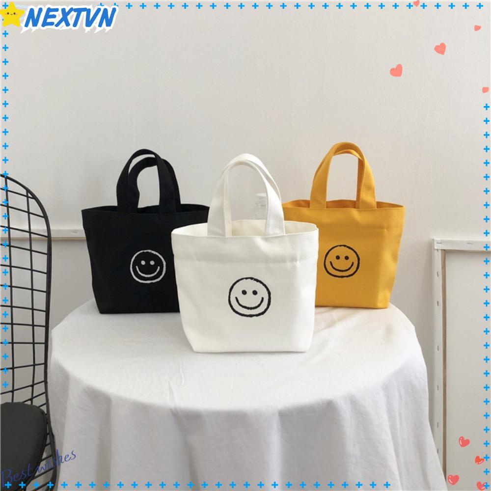 Túi Xách Đeo Vai Vải Canvas Hình Mặt Cười Nhỏ Màu Trắng Thiết Kế Mới Có Thể Tái Sử Dụng