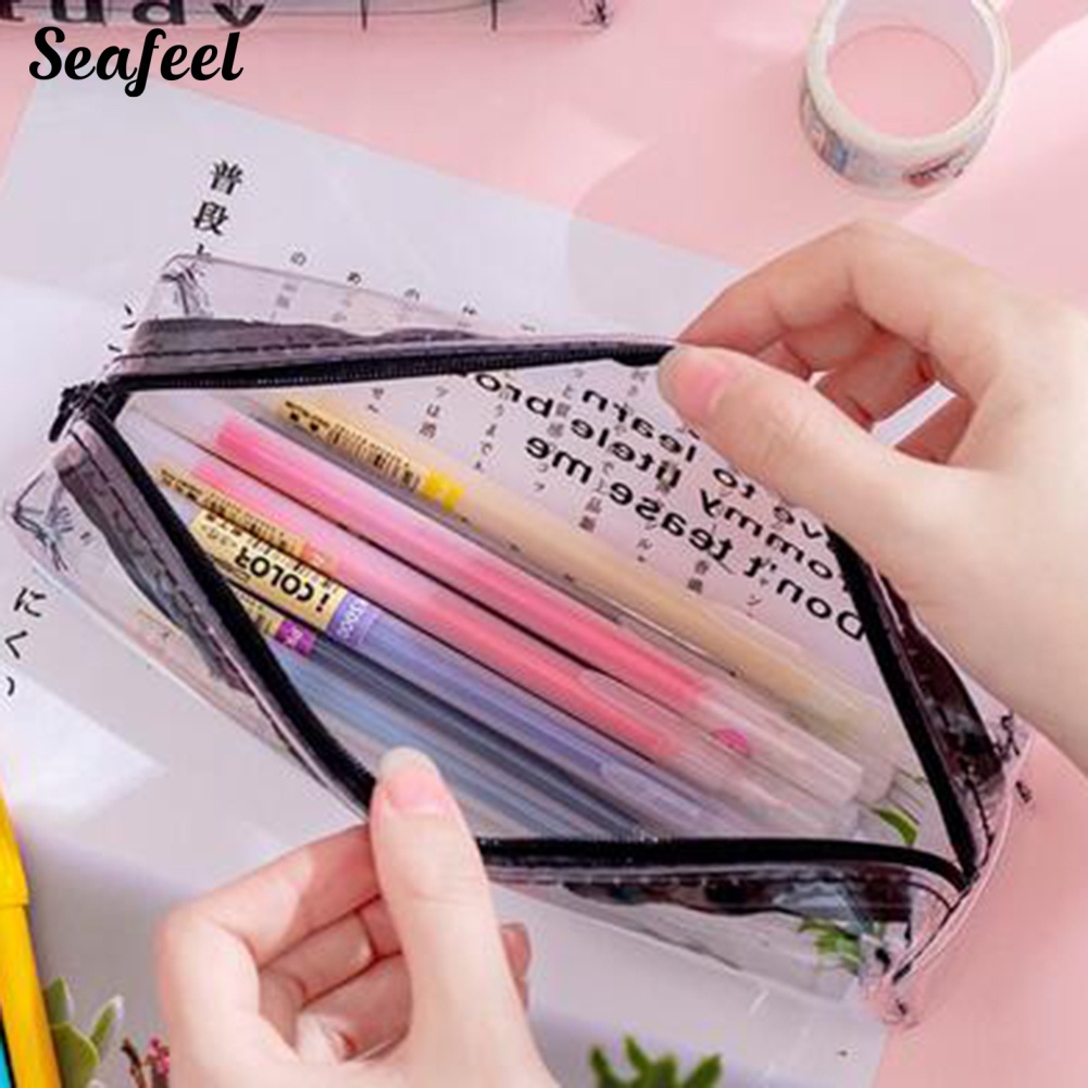 Túi Đựng Bút Trong Suốt In Chữ / Biển Dễ Thương Có Khóa Kéo Tiện Dụng