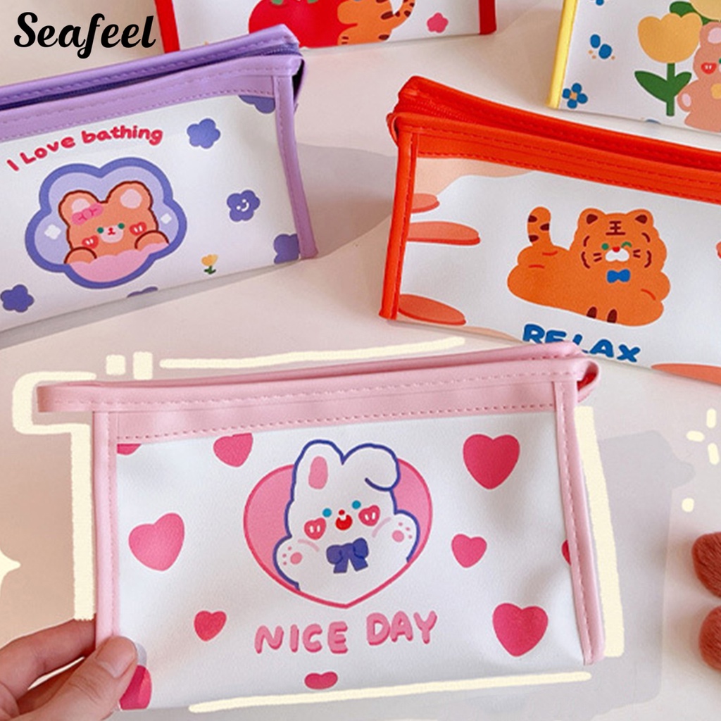 Bóp Viết Giả Da Sức Chứa Lớn Có Khóa Kéo In Họa Tiết Hoạt Hình Màu Sắc Sống Động Trang Trí Trường Học