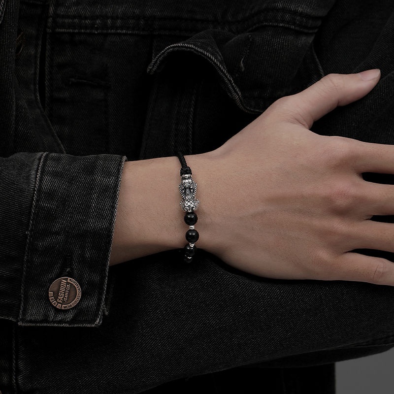 Vòng Đeo Tay Bằng Bạc Nguyên Chất Pixiu Obsidian Làm Quà Tặng Ngày Của Cha Cho Nam