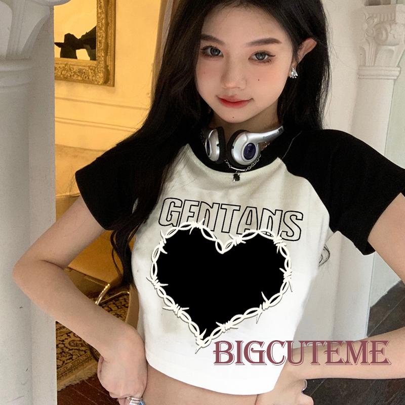 Áo Thun Crop Top Tay Ngắn Cổ Tròn In Hình Trái Tim Và Chữ Thời Trang Mùa Hè Cho Bé Gái