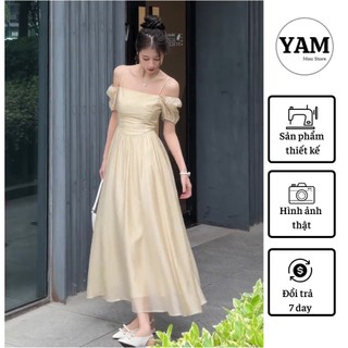 Váy hai dây trễ vai dáng dài tơ be YIMI size SMLXL thời trang thiết kế YAM MiNi STORE