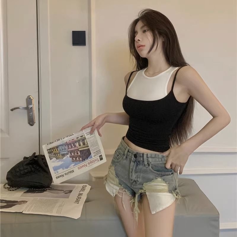 Cozok Áo Không Tay Dáng Ngắn Phối Màu Thời Trang Retro Gợi Cảm