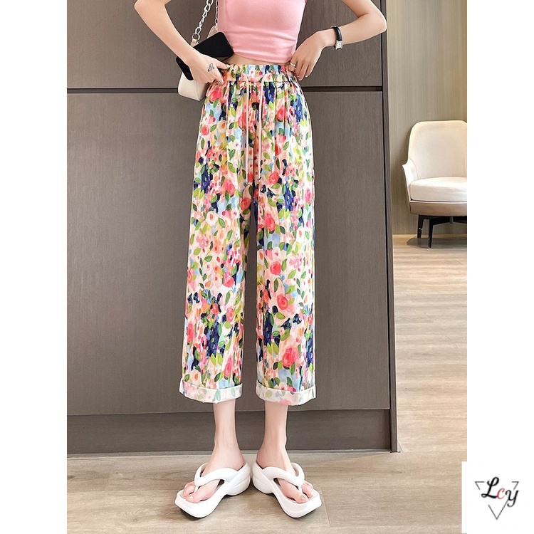 Quần Đi Biển Ống Rộng Cột Dây Co Giãn In Họa Tiết Hoa Cỡ Lớn 150kg Thời Trang Mùa Hè Cho Nữ