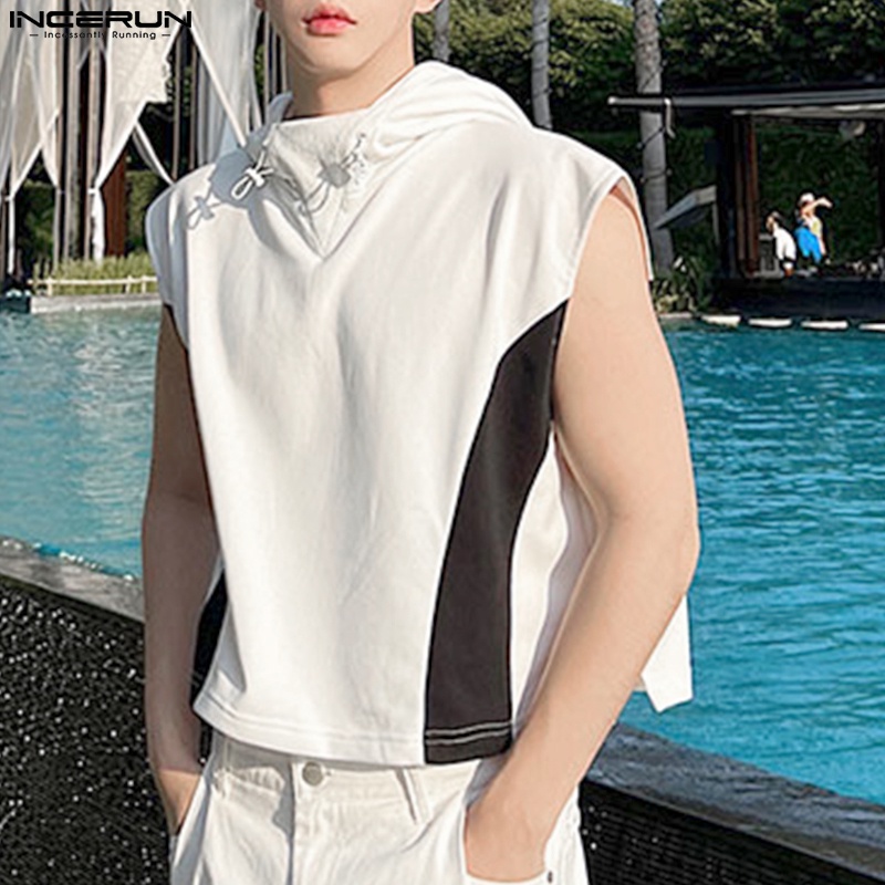 INCERUN Áo Hoodie Ngắn Dáng Rộng Phối Màu Sắc Tương Phản Phong Cách Hàn Quốc Cho Nam Giới