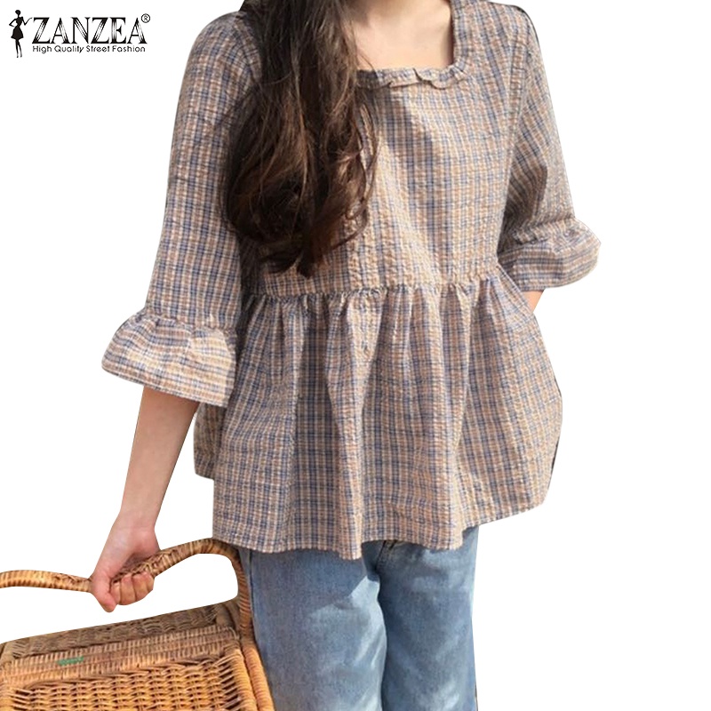 ZANZEA Áo Sơ Mi Tay Lỡ 3 / 4 Cổ Vuông Họa Tiết Caro Phong Cách Hàn Quốc Dành Cho Nữ