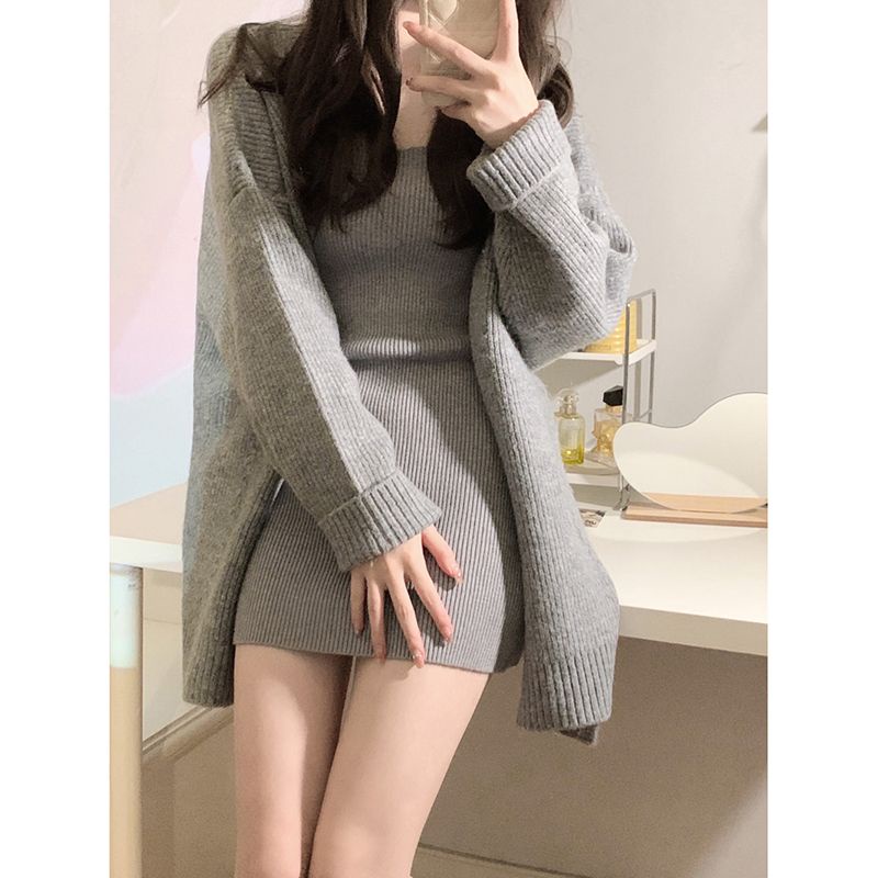 Set Áo Khoác Cardigan Len Phối Chân Váy Ngắn Thời Trang Thu Đông D31F