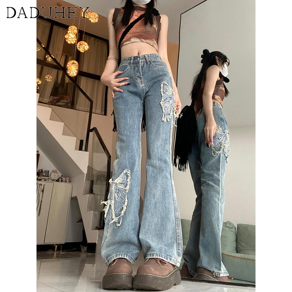 DaDuHey New Korean Version of INS Retro Butterfly Embroidery Jeans Niche High Waist Wide Leg Pants Trousers