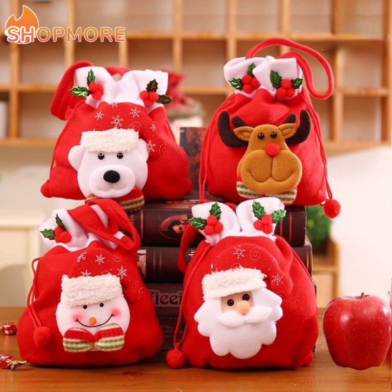 Túi Đựng Kẹo Giáng Sinh Bằng Vải Màu Đỏ Chải Hình Hoạt Hình Phong Cách Ông Già Noel Tuần Lộc Eve