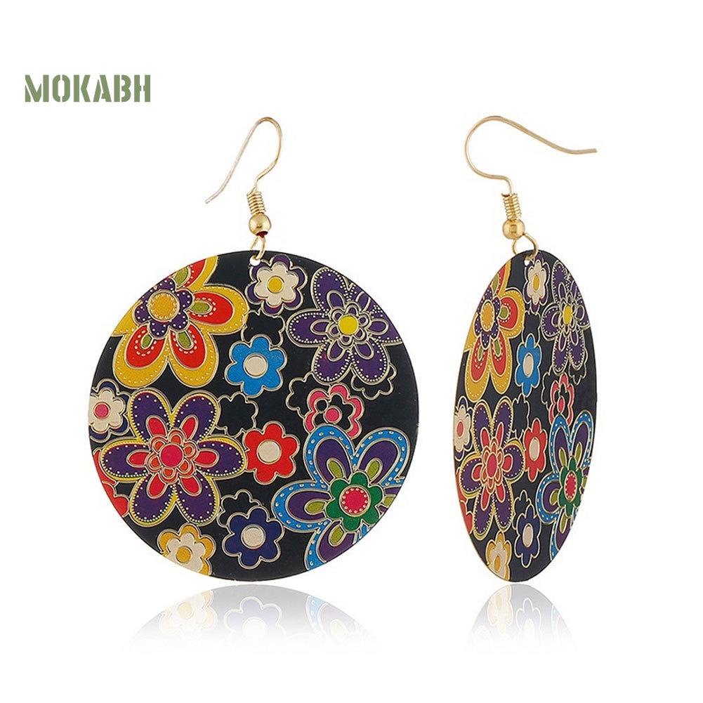 Bông Tai Dáng Dài Hình Tròn Họa Tiết Hoa Nhiều Màu Kiểu Vintage Cho Nữ