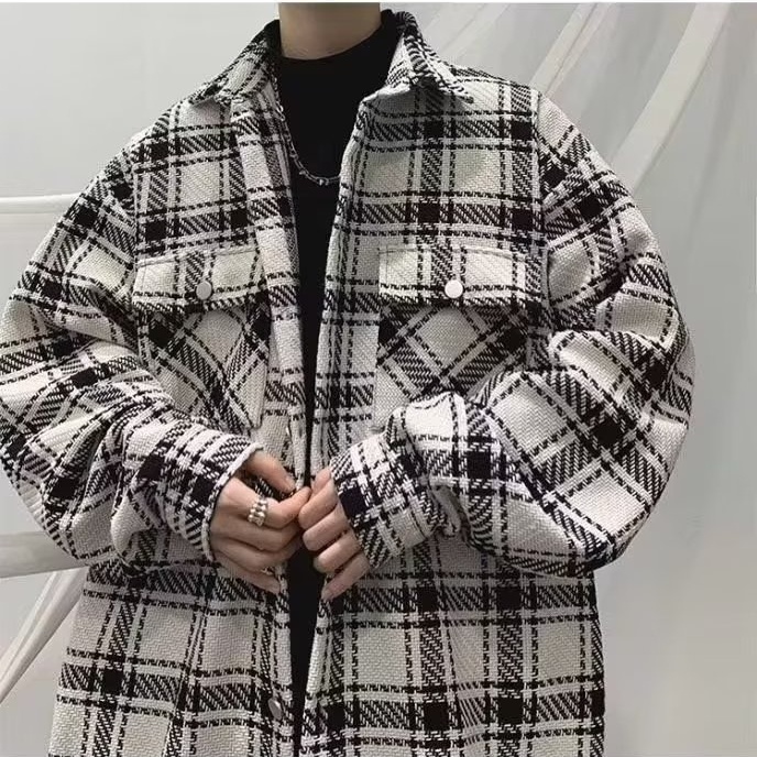 Áo Khoác Sơ Mi Da Pu Tay Dài Kẻ Sọc Caro Trắng Đen Phong Cách Hong Kong Thời Trang Mùa Thu Cho Nam