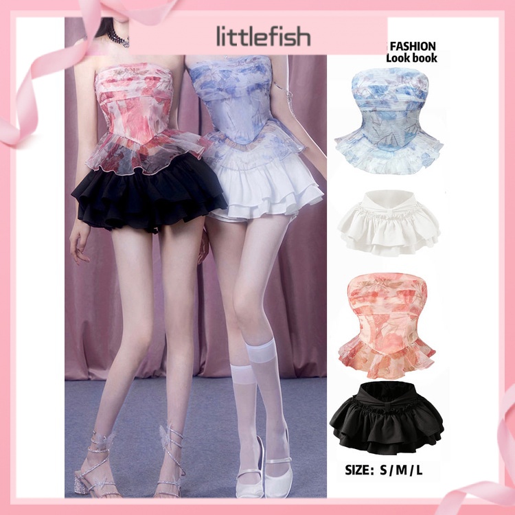 Set Áo Ống Phối Lưới + Chân Váy Bồng Bềnh Phong Cách Preppy Sang Trọng Dành Cho Nữ Đi Du Lịch Mùa Hè Có Size Lớn