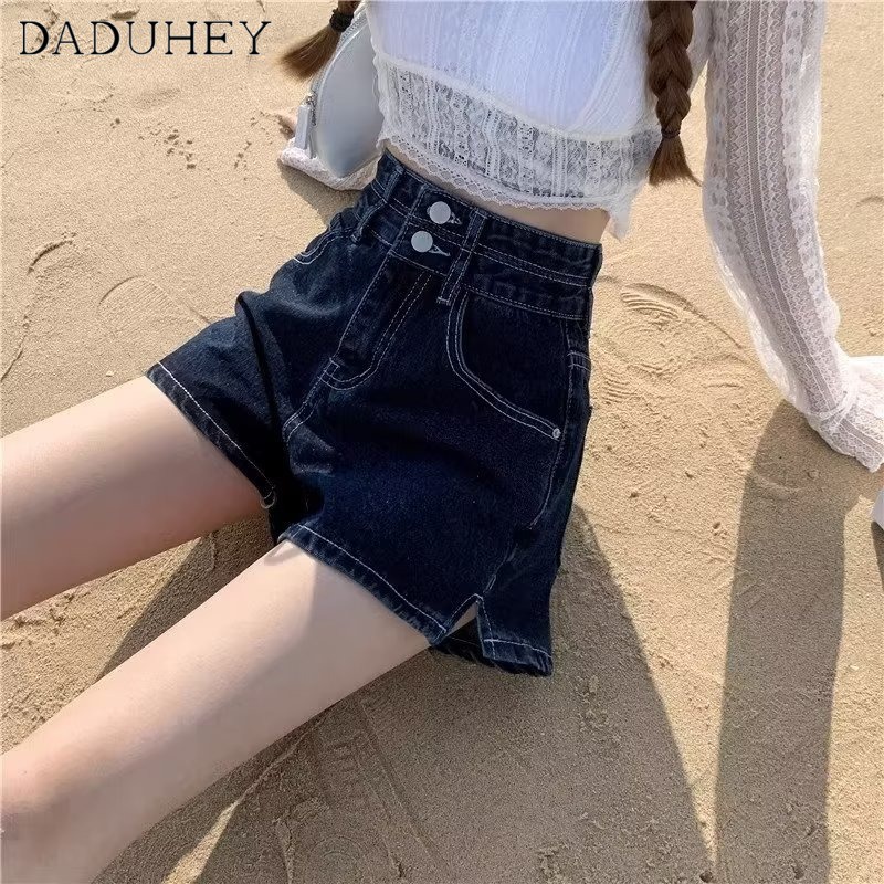 DaDuHey New American Ins Retro Slit Denim Shorts Niche High Waist Wide Leg Pants Large Size Hot Pants